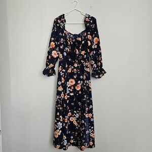 SHEIN Navy Floral Long Sleeve Maxi Dress